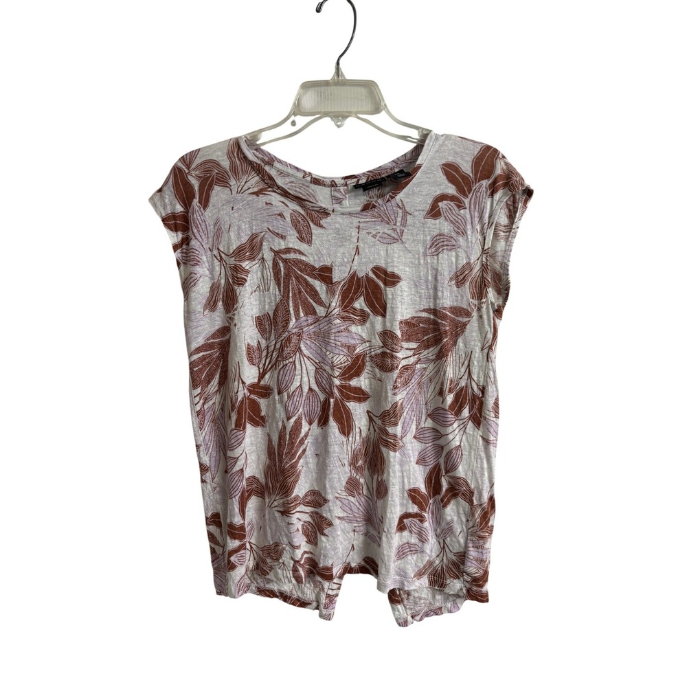 Tahari Womens 100% Linen Floral Leaf Print Button Back Cap Sleeve Top Small